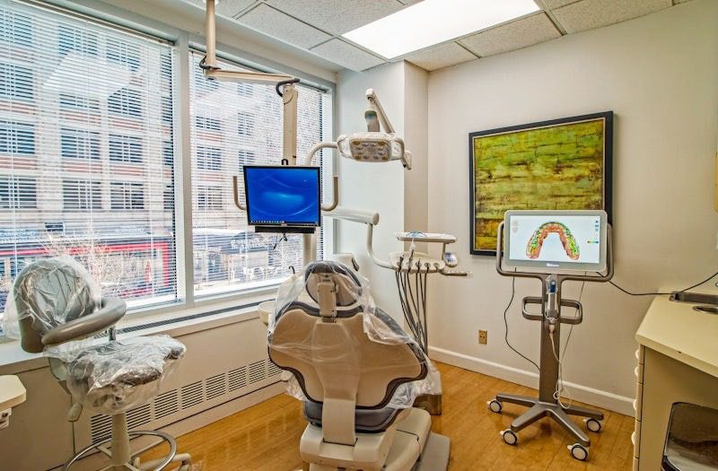 Bright dental room with city view